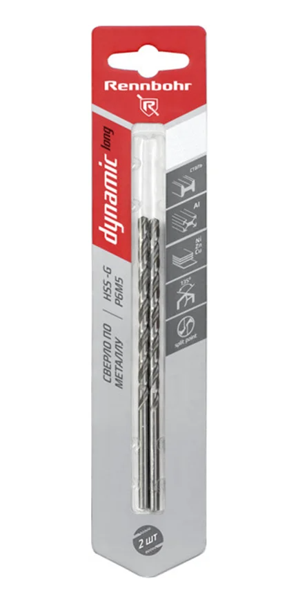 Сверло по металлу ЦХ,  4,0х119мм, HSS-G, P6M5, 2шт/уп, RENNBOHR DYNAMIC LONG CARD