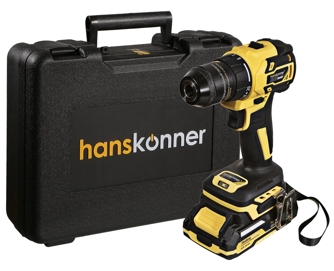 Дрель акк б/щ Hanskonner, 18В, 1BatterySystem,60Нм, пл.патрон, 2х2Ач,кейс