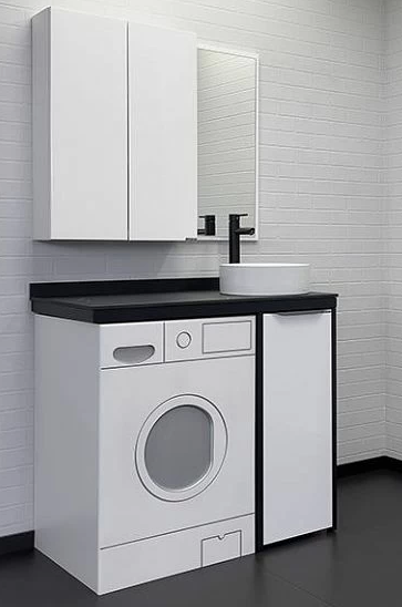 Набор мебели под стир.машину Лозанна-100 бел.гл. со столешн. под мр.Калакатта Блэк с ум. 9111 (1)