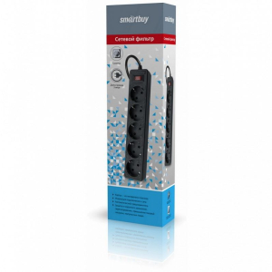 Сетевой фильтр Smartbuy, 10А, 2200 Вт, 5 гнезд, без з/ш, земля, ПВС 3x0,75, 3 м, черный (45)