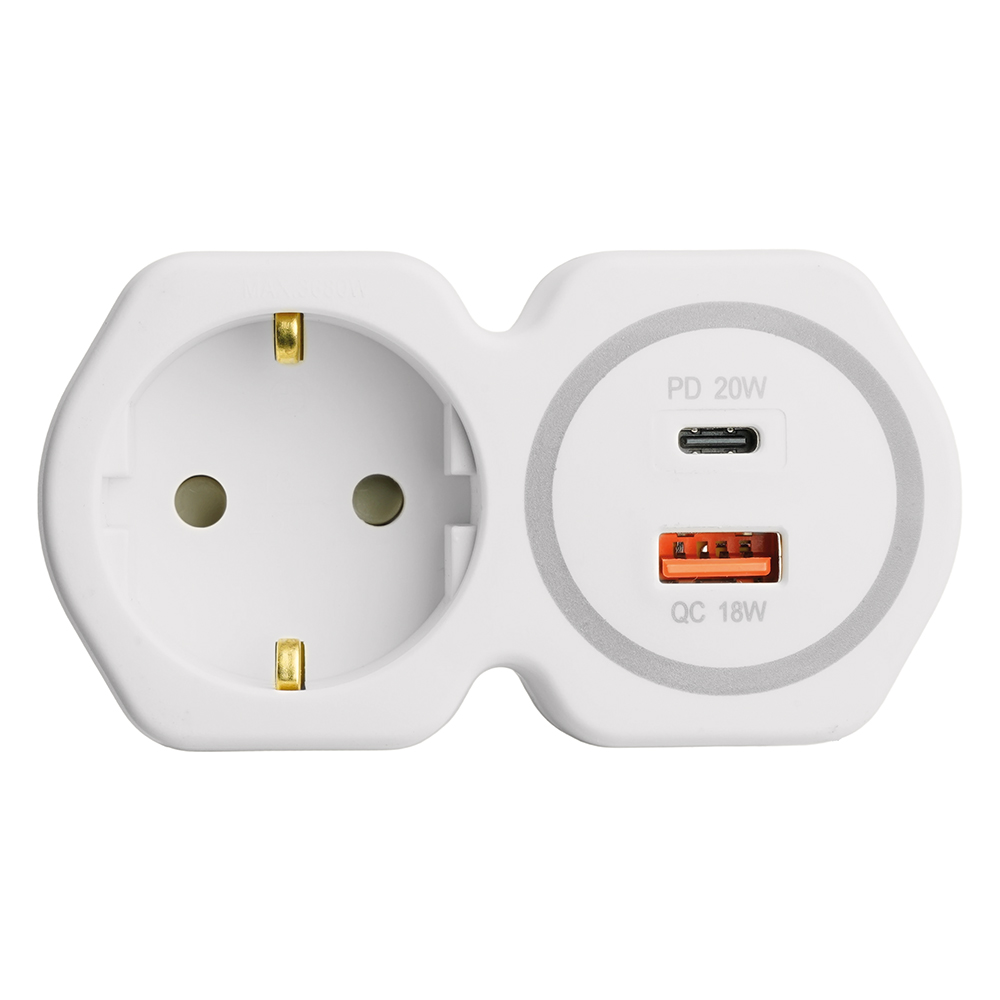 Разветвитель сетевой на 1 выход с/з 250В, 16А, USB A (QC18W)+ Type C (PD20W), белый/серый, ADP16-16-20