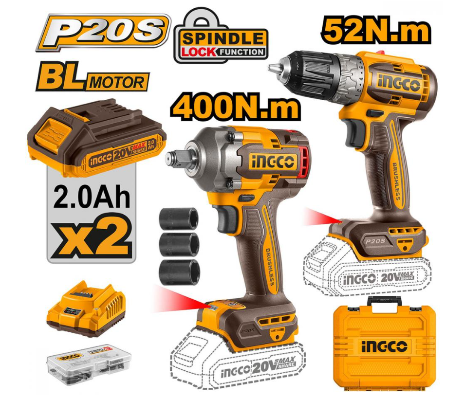 Набор шуруповерт 52Nm+ гайковерт 400Nm. SUPER INGCO CKLI20271 INDUSTRIAL 20В, BL. Li-Ion