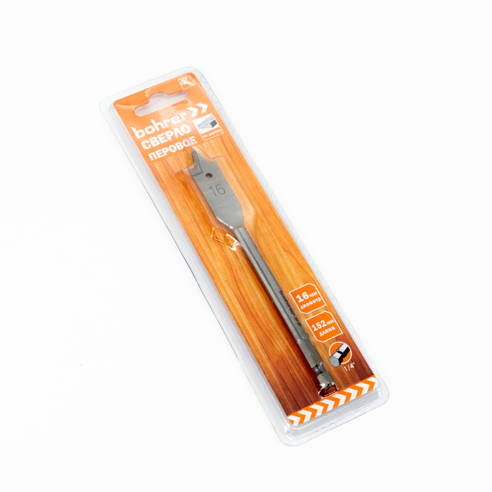 Сверло Bohrer перовое по дереву 16 х 152 мм (в блистере) (300/75/1)