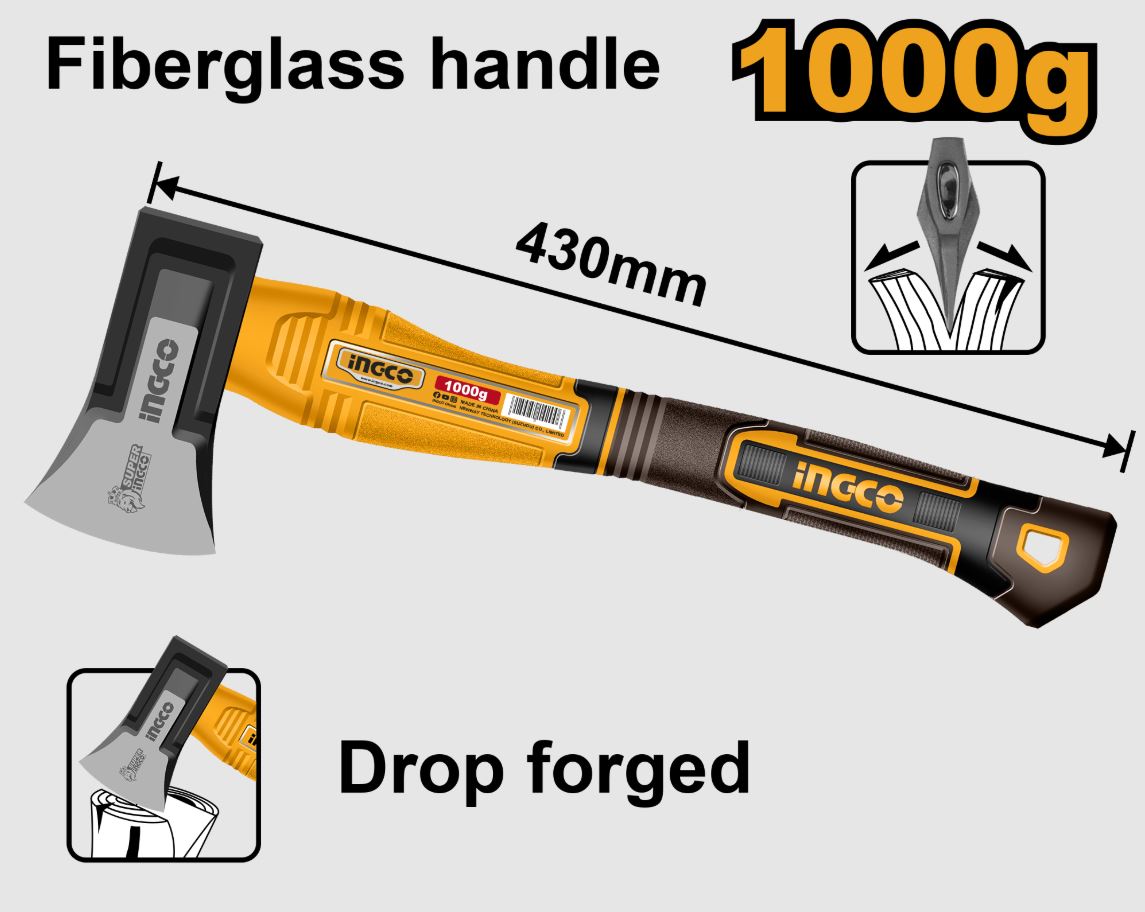 Топор 1000гр кованый фиберглассовой ручкой INGCO HAX0811000(6)