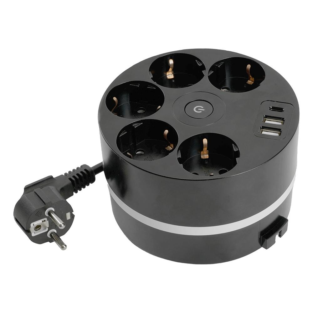 Удлинитель пятиместный c/з , 3x1мм2, 2.5м, 250В, 16А, 2USB A + C 5V 3,1А  черный