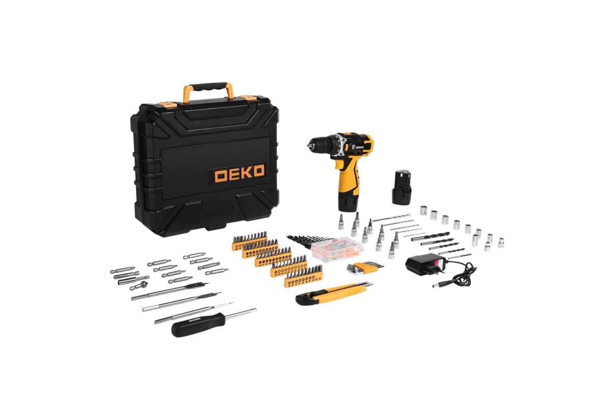 Аккумуляторная дрель-шуруповерт DEKO DKCD12FU-Li в кейсе + набор 193 инструмента для дома,12В,2х2(1)