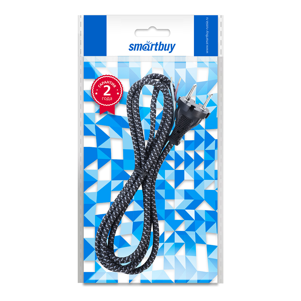 Сетевой шнур в тканевой оплетке без заземления 1,8 метра, 6А/1,2кВт, черный