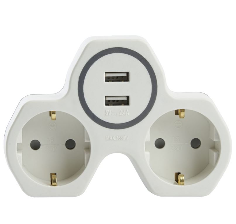 Разветвитель сетевой 2-местный и с 2-мя выходами USB, с/з, ADP16-14-20, белый/серый