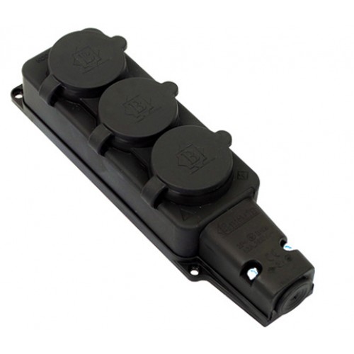 Розетка трехместная 230В 2P+PE 16A IP44 с защитными крышками каучуковая(1)(36)