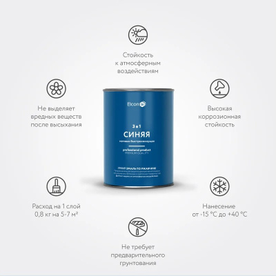 Грунт-эмаль по ржавчине Elcon 3 в 1 матовая синяя 0,8 кг (12) купить в интернет магазине Вегос-М в Чите