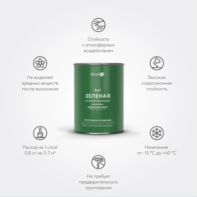 Грунт-эмаль по ржавчине Elcon 3 в 1 матовая зеленая 0,8 кг (12) купить в интернет магазине Вегос-М в Чите